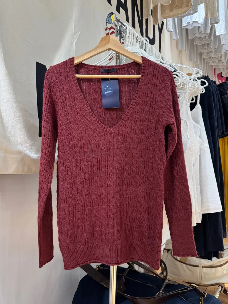 Vintage Burgundy Knit Twist Flower Sweater Autumn Long Sleeve V-neck Slim Knitwear Tops Women Solid Simple Casual Sweet Jumpers
