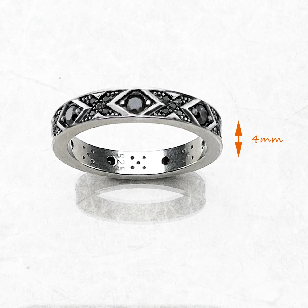 Ring Schwarz Asiatischer Ornament Europa-Stil Ethnischer feiner Schmuck für Damen Herren Sommer Brandneu Reines 925er Sterlingsilber Geschenk