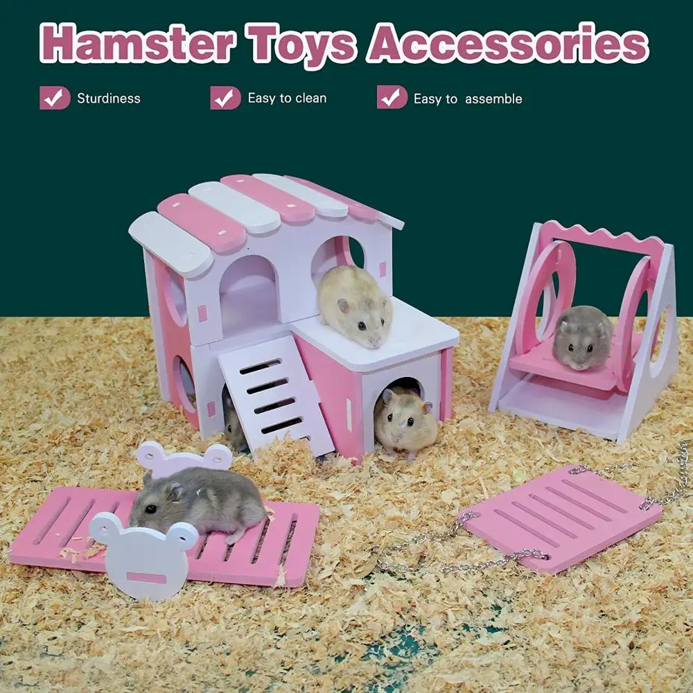 Wooden Hamster Play Toys Set Hamster House Boredom Breaker Activity Toy DIY Hamster Cage Accessories for Small Pets