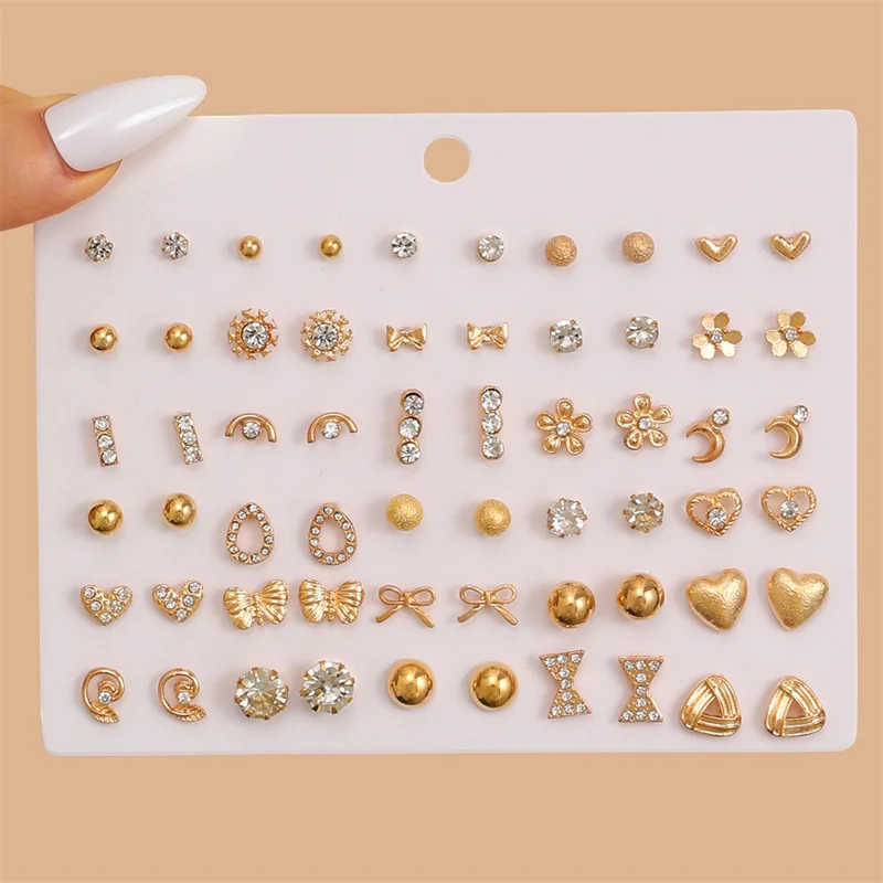 60pcs/set Sweet Mixed Stud Earring Set – Heart, Flower, Pearl & Rhinestone for Daily Wear.