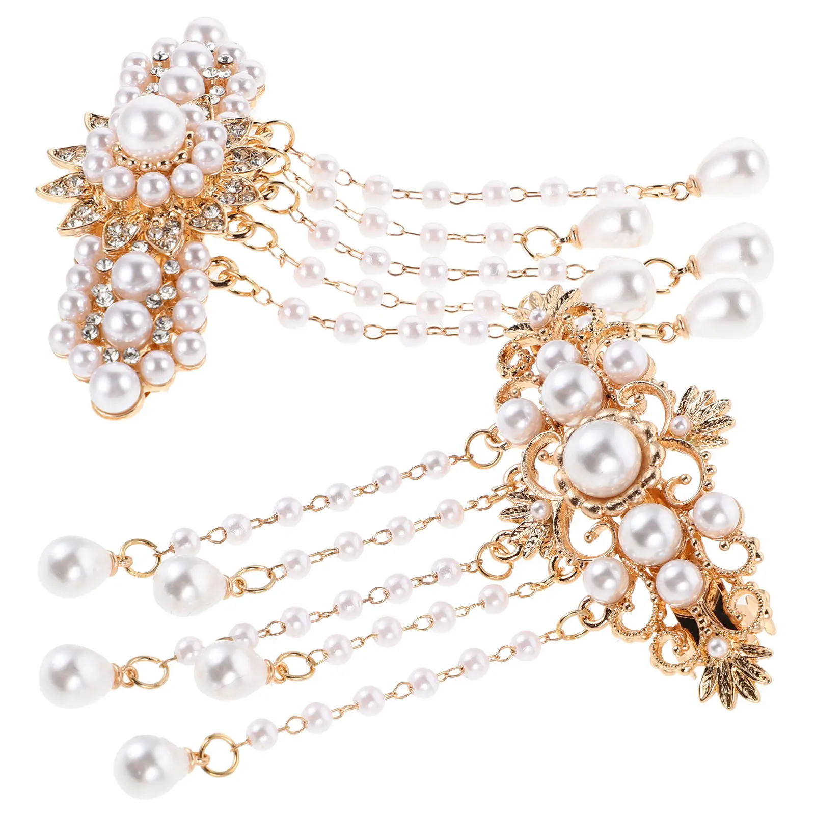 

2 шт. винтажные заколки для волос в китайском стиле с жемчугом и кисточками, пружинные заколки-автоматы, для свадьбы и вечеринки, с цветами из страз, боковые заколки с кисточками, украшение для волос