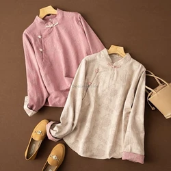 Retro loose stand collar Chinese buckle shirt daily cotton linen cheongsam top jacquard Zen Tea clothing elegant lady blouse
