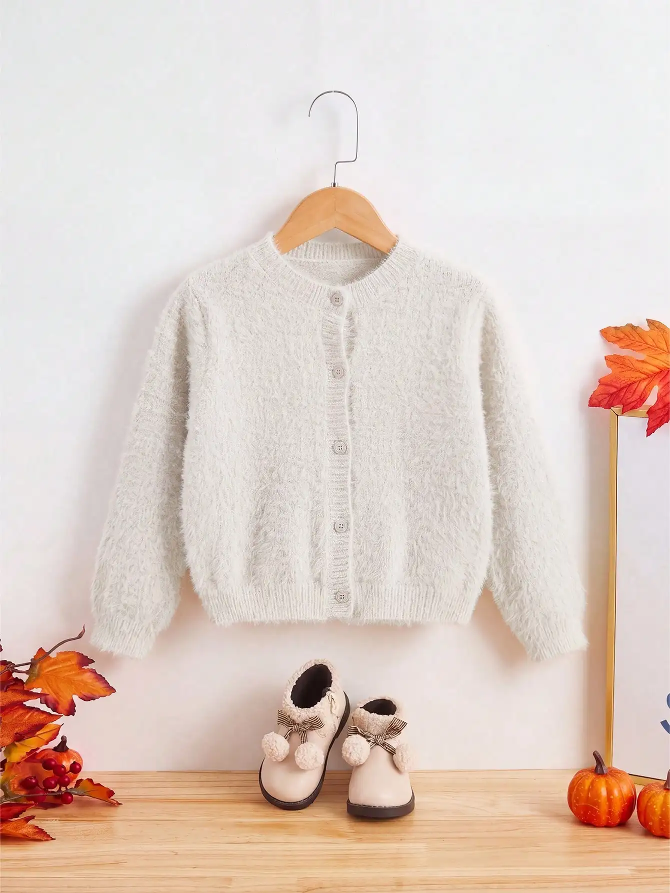 Girls' Autumn and Winter Gentle Style Solid Color Soft Faux Mink Knitted Round Neck Single-Breasted Cardigan