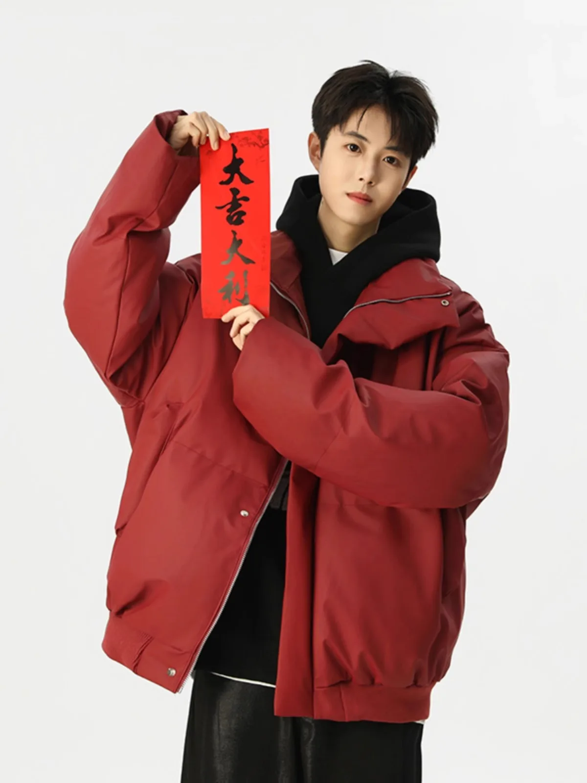 

American Sle PU Leather Red Wine Color Men's Cotton Jaet Winter New Year High-End Feeling Couple's Cotton Coat Outerwear