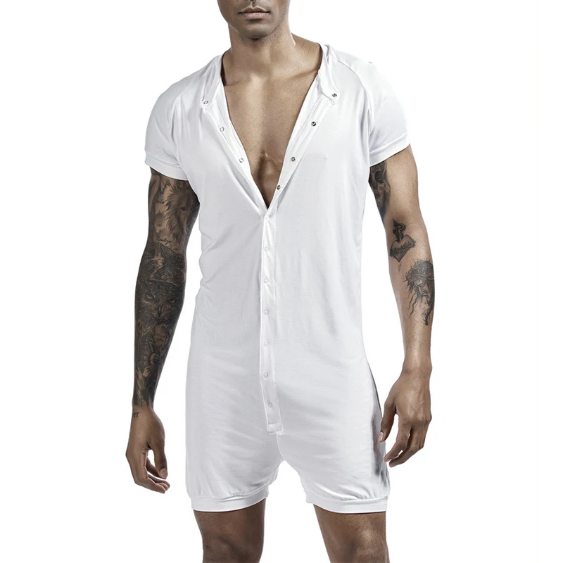 Summer Soft Breathable Jumpsuits Men Pajama Sexy Slim Fit Short Sleeve Solid Color Bodysuits For Mens Sleepwear Summer Playsuits