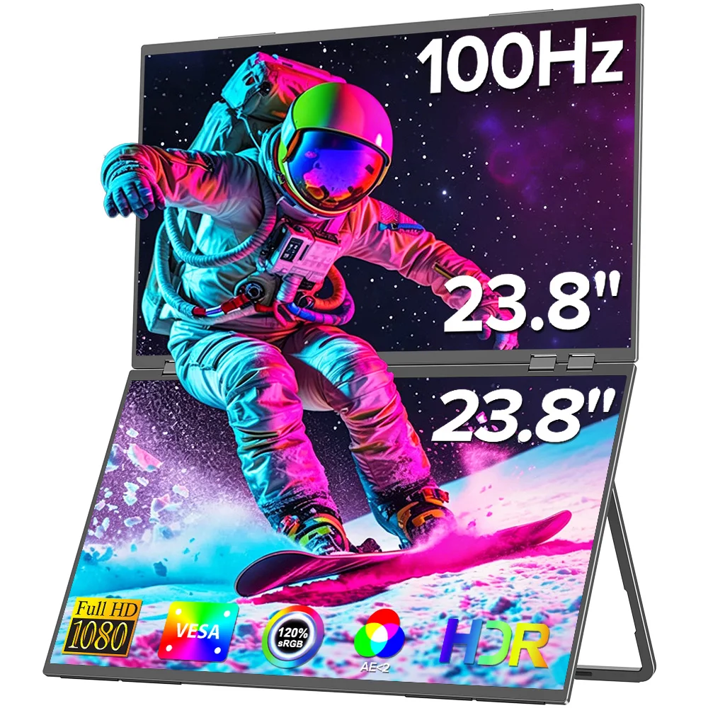 UPERFECT Delta Mega – 23,8 Zoll 100 Hz Dual Screen Stacked Computermonitor 1080P USB-C HDMI Gaming Laptop Extender Bildschirm mit VESA Kickstand-Lautsprechern