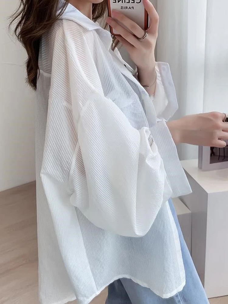 

Korean Sexy Women Transparent Striped Shirt Oversize Loose Long Sleeve Korean Proof Blouse Fashion Pocket Sweet Tops