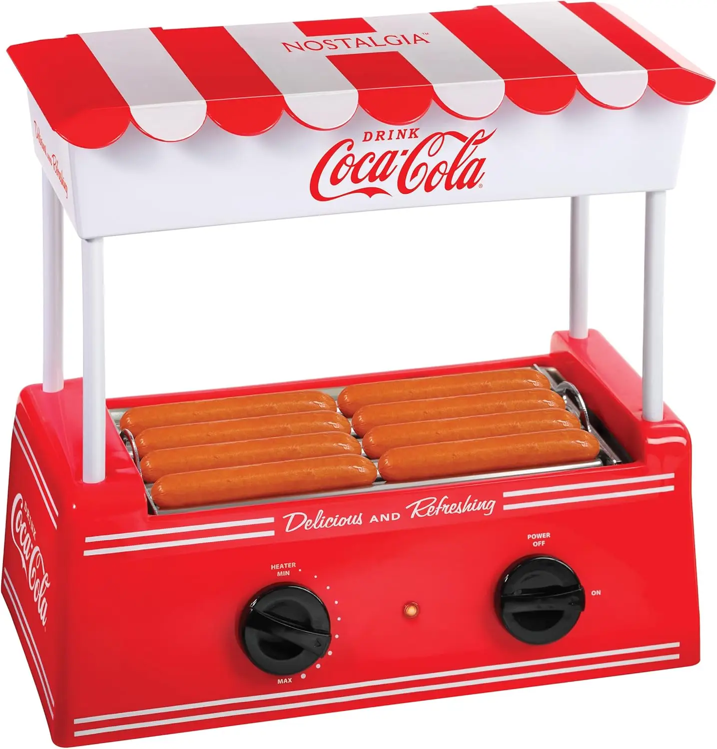 Coca-Cola Hot Dog Roller Holds 8 Regular Sized or 4-Foot-Long Hot Dogs and 6 Bun Capacity, Stainless Steel Rollers, Pe