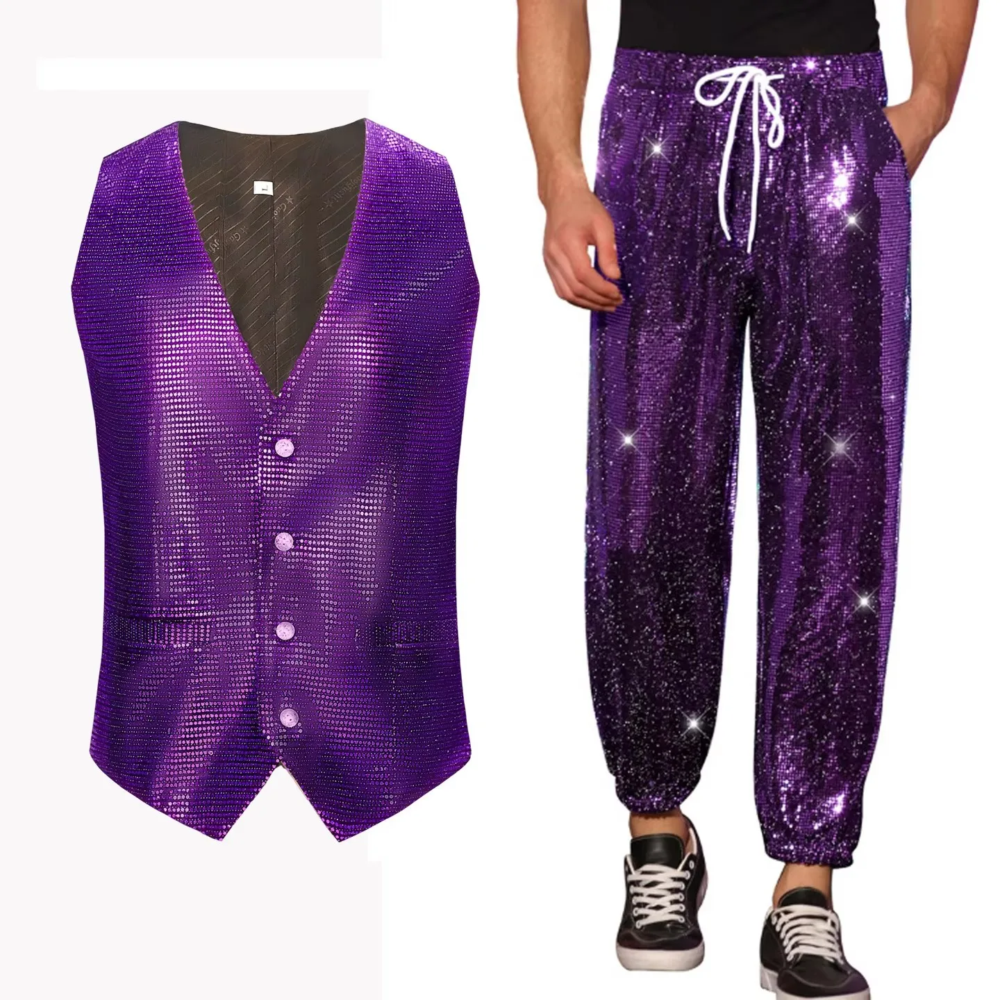 

Men's Jazz Hip Hop Dance Sequins Vest Pants Set Shiny Green Purple Festival Party Street Nightclub Club Performance Costume