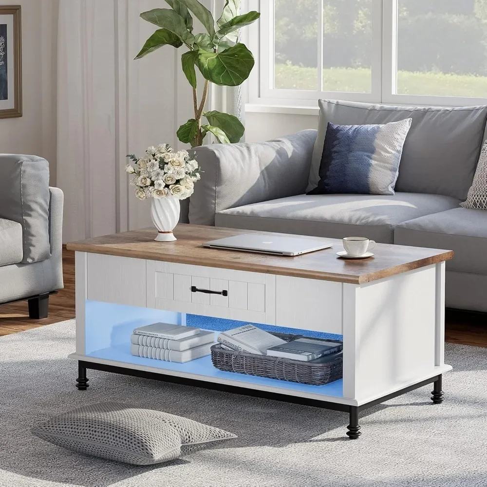 Coffee Table with Blue LED Lights, Large Rectangle Center Tables with 1 Drawers and Open Storage Shelf, Coffee Table