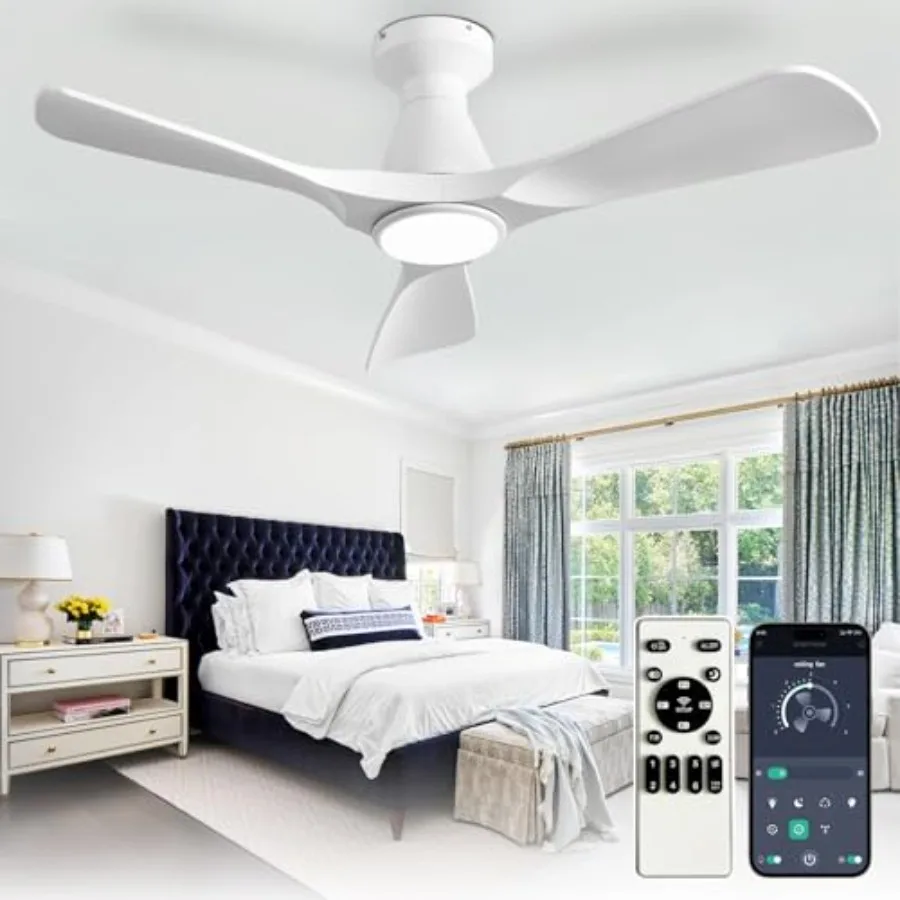 42-Inch Ceiling Fans with Lights: White 3 Blade Flush Mount Low Profile Ceiling Fan for Bedroom Dimmable Indoor Outdoor Fan wit