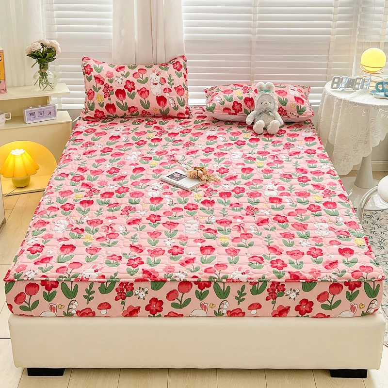 Thickened Quilted Mattress Cover Flower Printed Mattress Protector Adjustable All-inclusive Mattress Pad Dust Proof Fitted Sheet