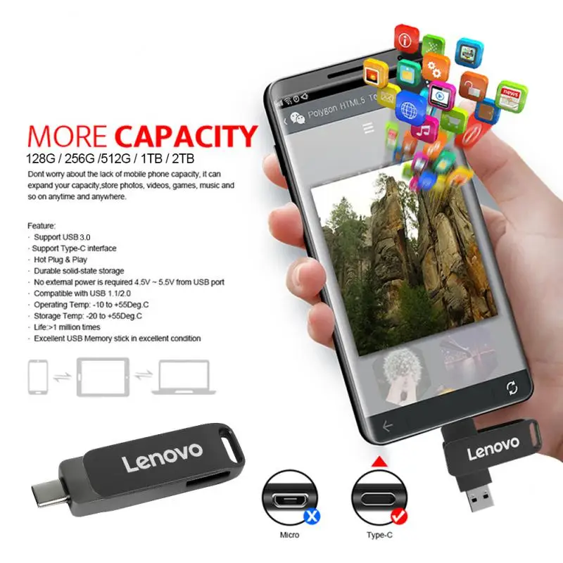 Lenovo 16TB Flash Drive USB 3.2, Flash Drive kecepatan Super tinggi logam kapasitas besar tahan air TypeC memori U Drive portabel