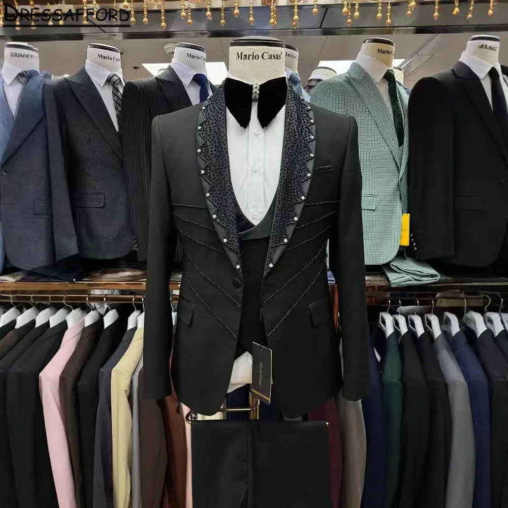 أسود بدل زفاف رسمية اليدوية الديكور بدلة عمل رجالية 2 قطعة (سترة + بنطلون) رجل سهرة ملابس العريس #1