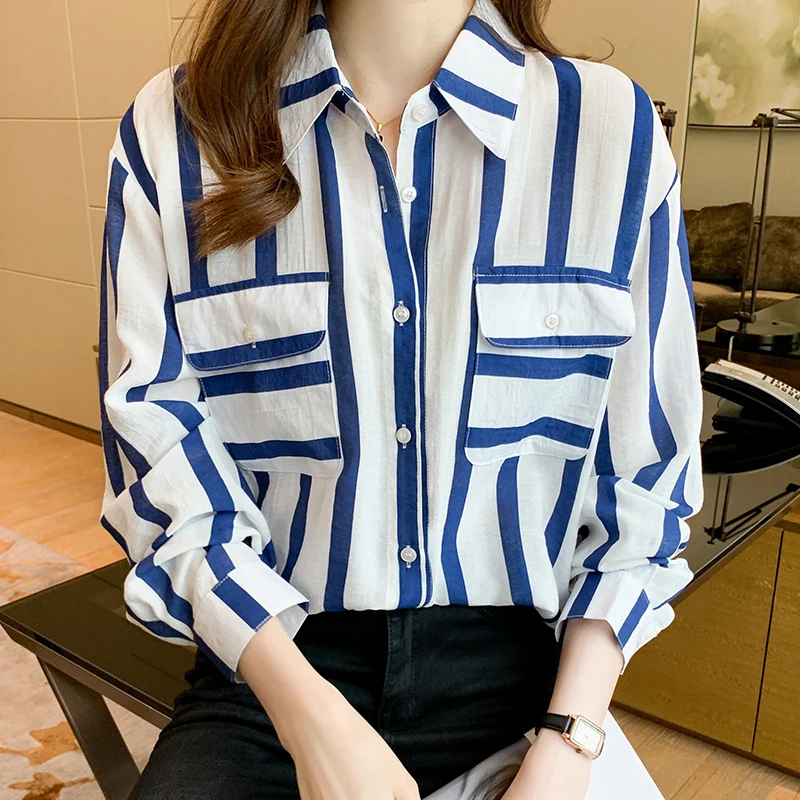 Stilvolles Damen-Hemd mit Knöpfen, klassische Langarm-Oberteile mit Kragen, Arbeit, Büro, Chiffon-Bluse, gestreifte Hemden mit Tasche, S-XXL