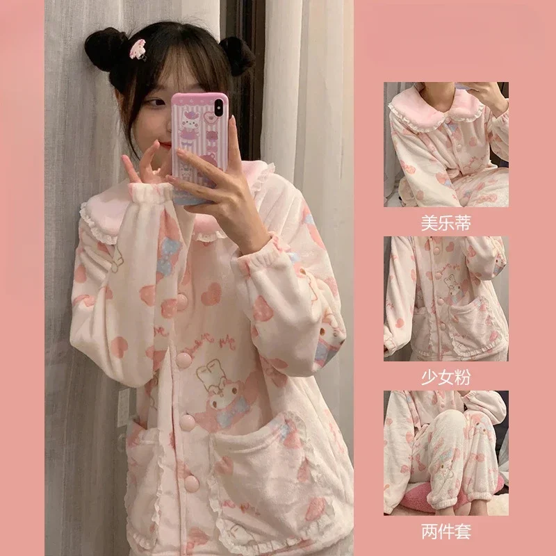 Sanrio Melody Winter Cotton Fleece Thickened Warm Women\'s Pajamas Silk Pajamas Women\'s Cartoon Homewear Pajamas Pants Set