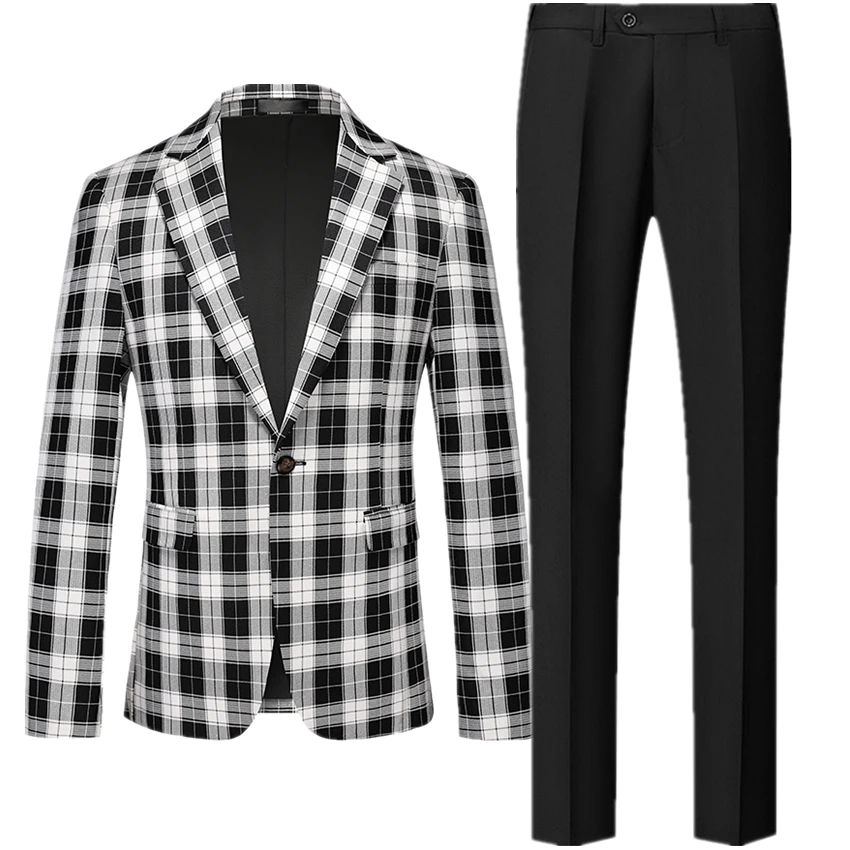 Men\'s Classic Plaid Suit, Slim Fit Dress Jacket with Black Pants,Asian Size, M-5XL,6XL,Men Sets, Fashion, 2 Pcs