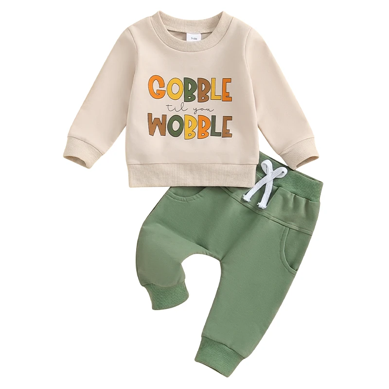 

Baby Boys Pants Set Long Sleeve Crew Neck Letters Print Sweatshirt with Pants Thanksgiving Clothes