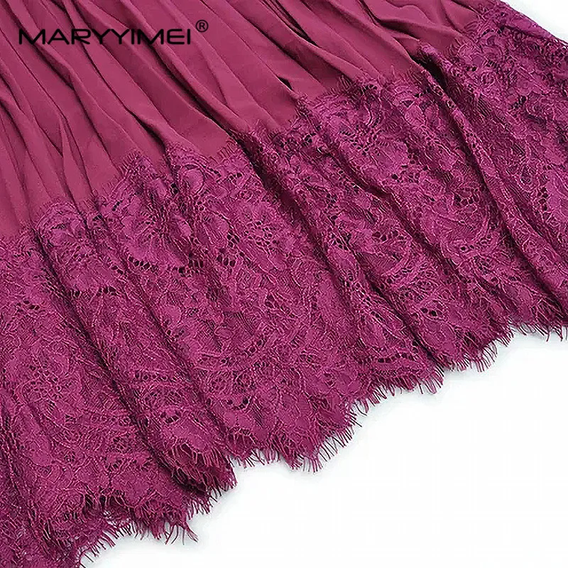 MARYYIMEI Fashion Designer dress Summer Women Dress Short sleeve Sashes Applique Sequin Embroidery Lace Purple pleated Dresses