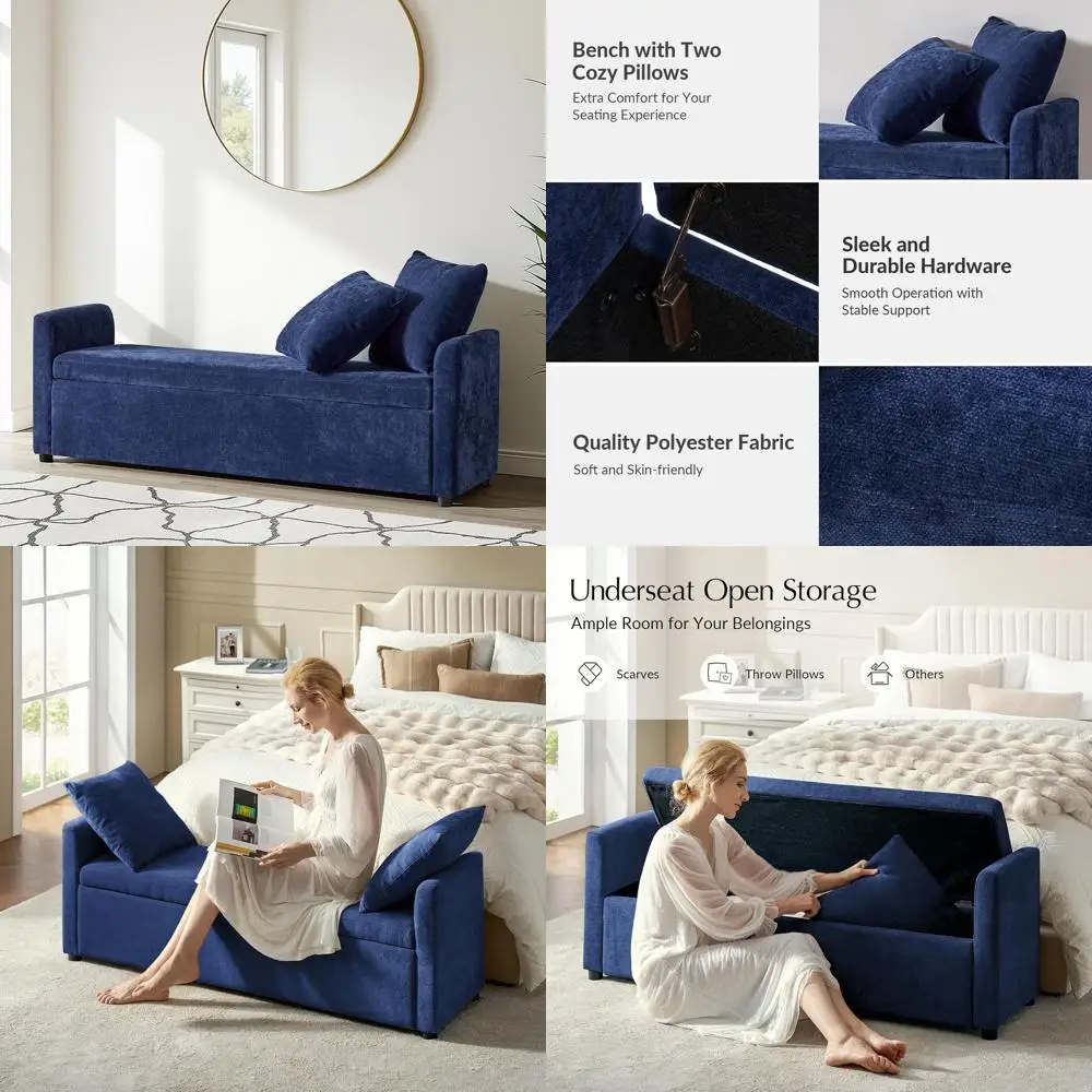 

Современный пуф-скамья для хранения 59,5 дюймов, прикроватная скамья с подлокотниками и декоративными подушками, табурет-подставка для ног для гостиной, столовой