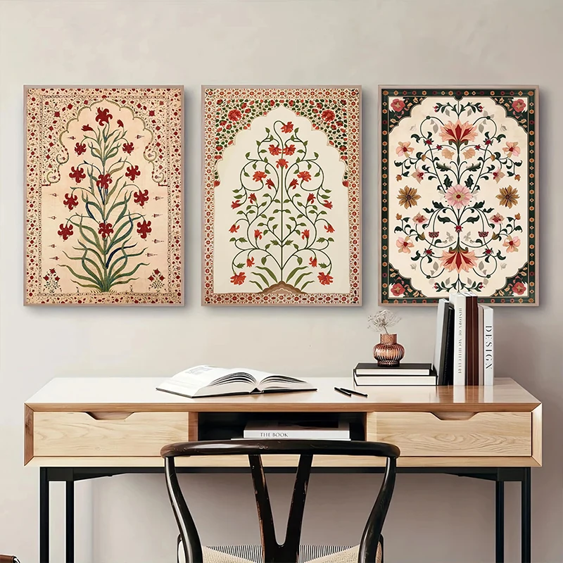 Vintage Indian Folk Poster Mughal Floral Palace Motifs Canvas Painting Boho Gallery Wall Art for Living Room Home Decor Mural