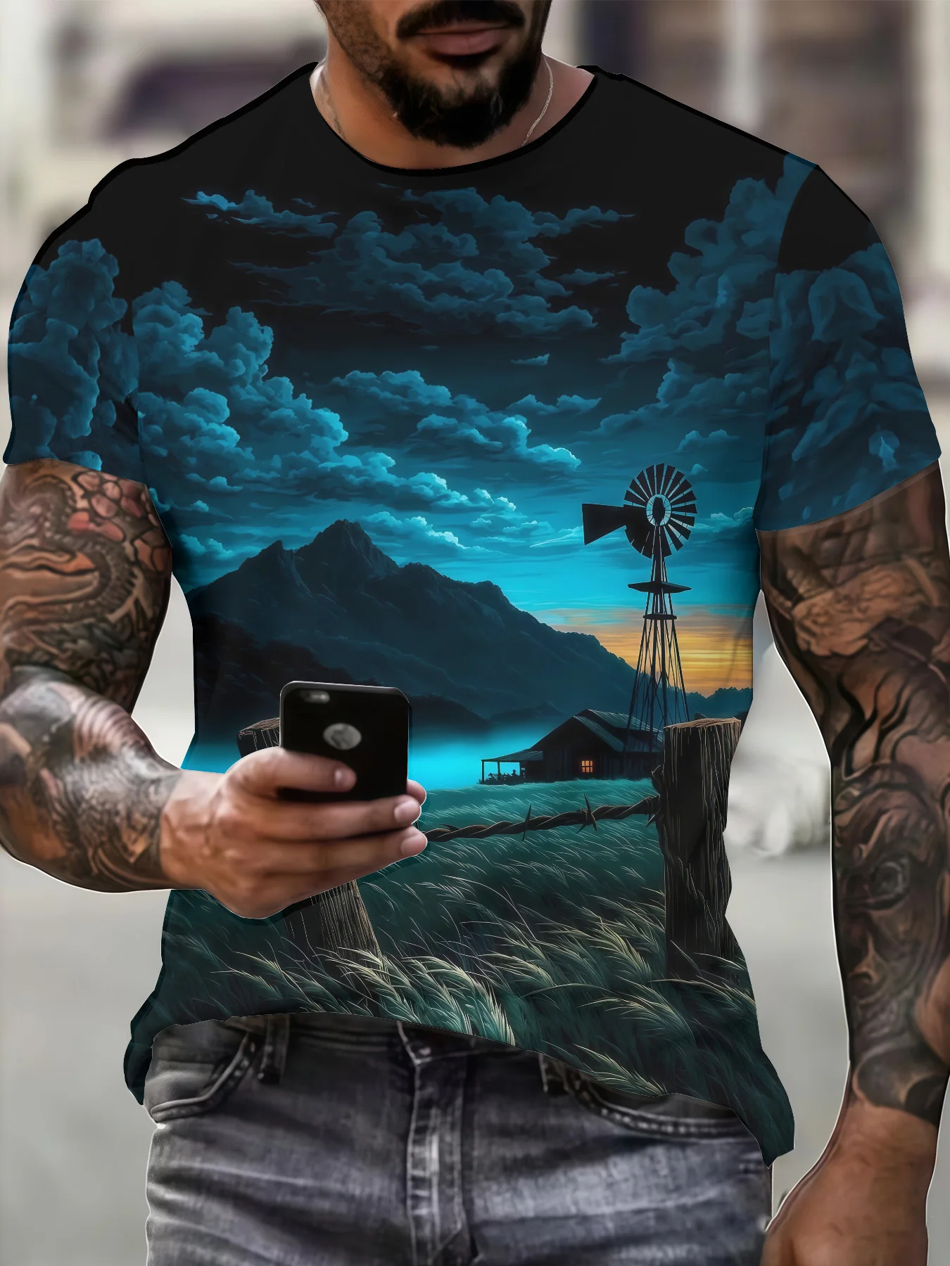 Men's Western Rural Windmill Mountain Night Scenery Print T-Shirt Crew Neck Short Sleeve Countryside Casual Graphic Tee Tops