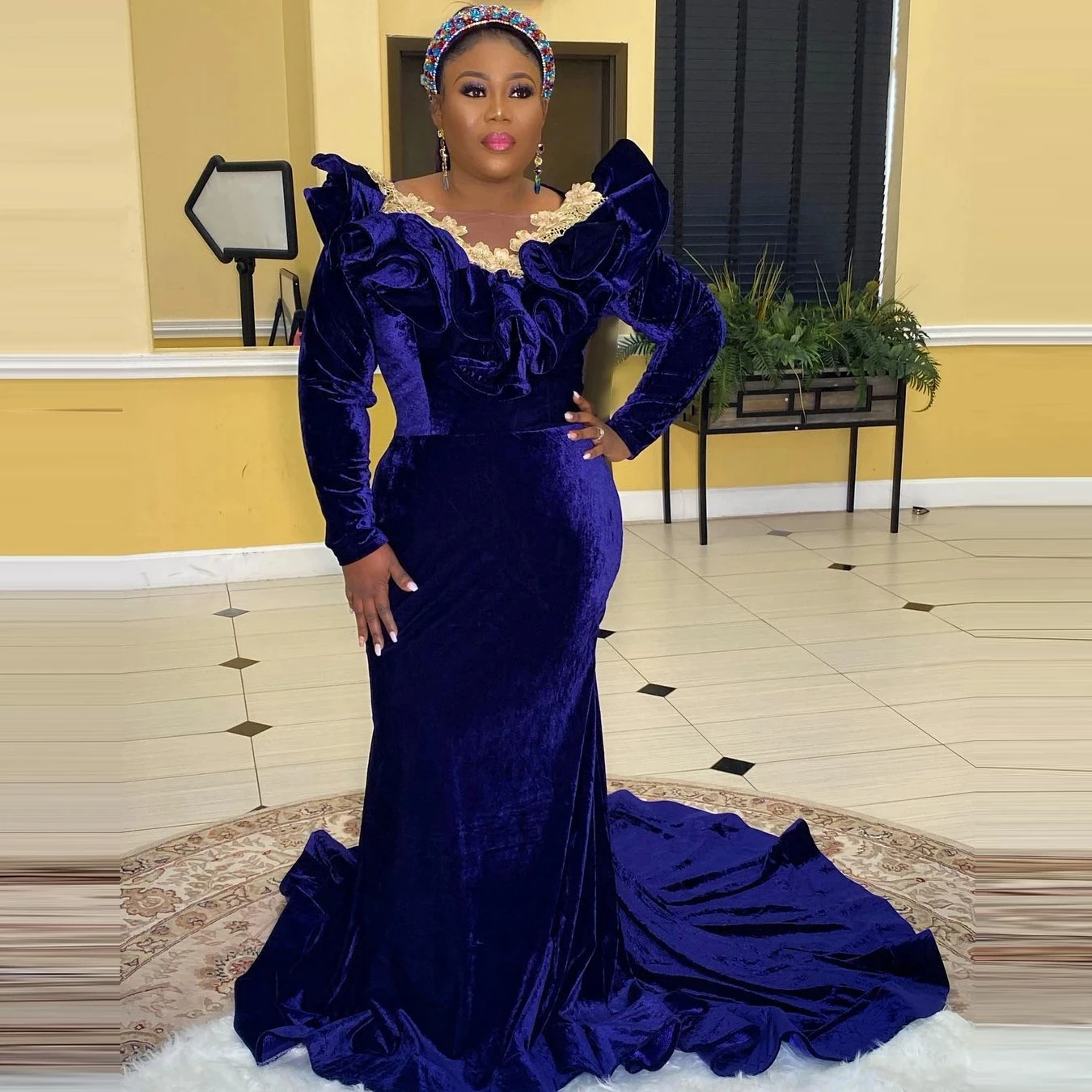 Customized Velevt Mermaid Evening Dresses Plus Size African Aso Ebi Women Formal Prom Gowns Ruffle Neck Long Sleeves 2025