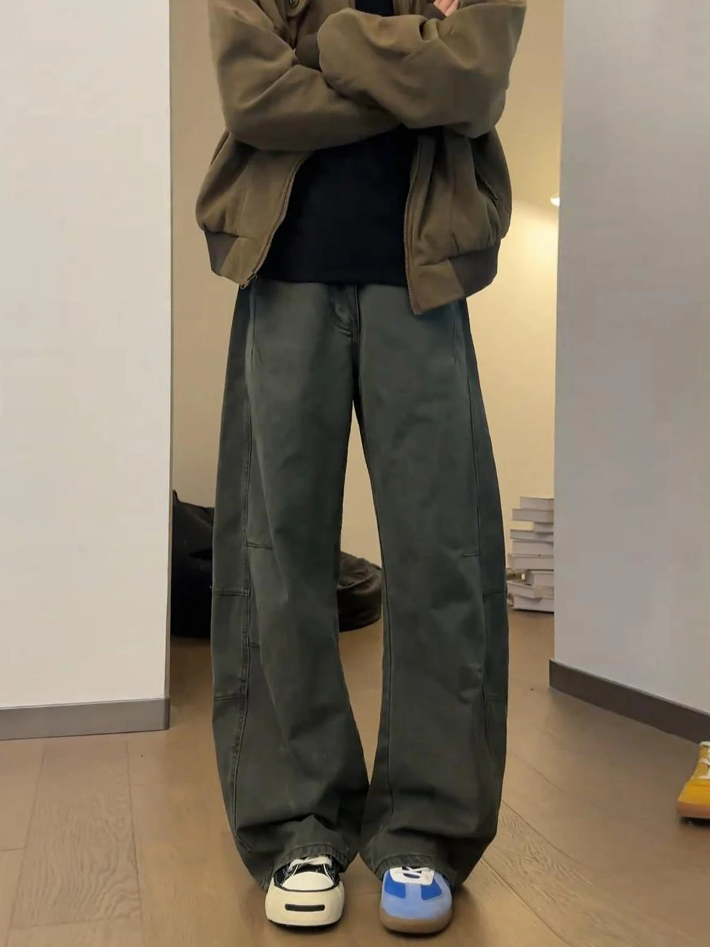 

Military een American Retro Bent Knife Work Pants Men Loose Wide Leg Straight Tube High Waist Baggy Jeans Casual Trousers