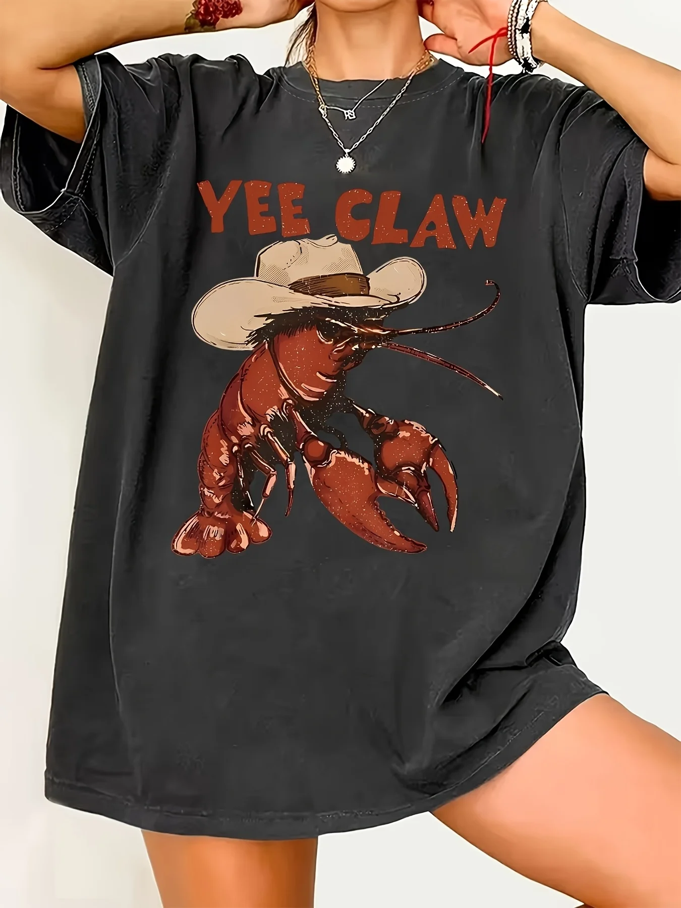 Ladies Yee Claw Denim Lobster Pattern Print - Spring and Summer - Casual Women's Top T-shirt - Suitable for Daily and Beach Wear