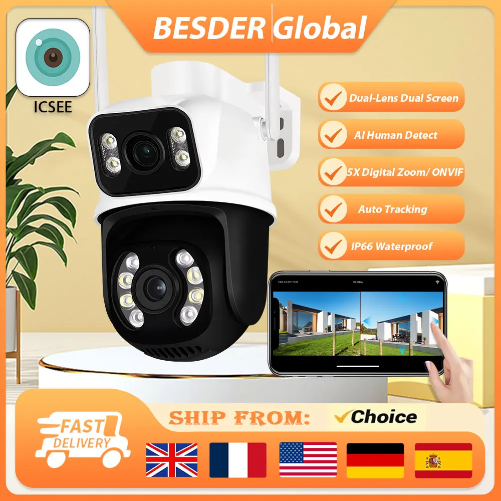 BESDER 8MP PTZ Wifi Camera Outdoor Dual Screen Color Night Vision 4MP Security Protection CCTV Wifi Surveillance IP Camera iCSee