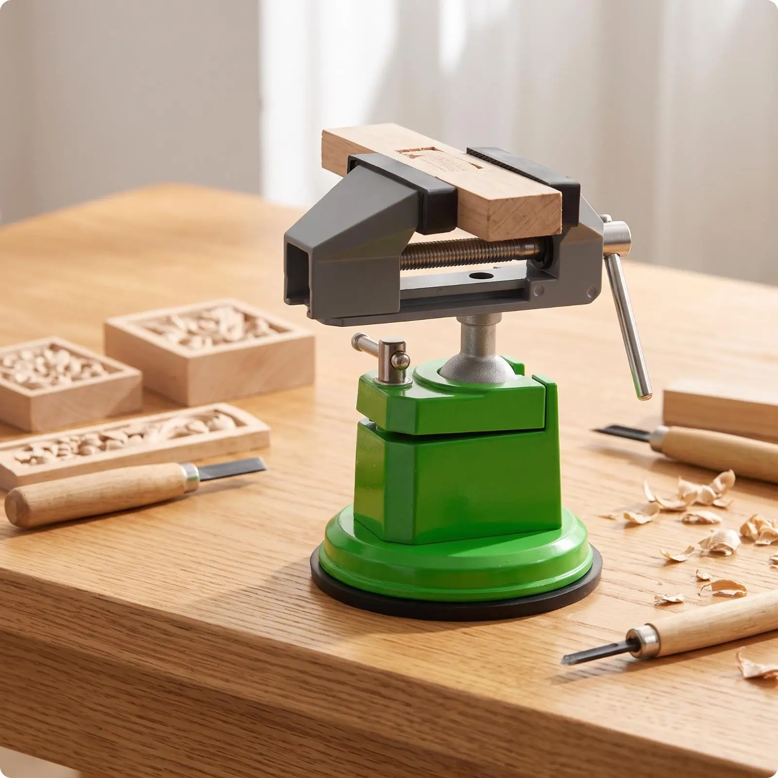 Swivel Suction Cup Vise for Wood Processing and Jewelry Carving with Metal Threaded Rod and Soft Jaw Pads