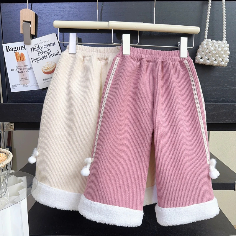 Girls' Pants Winter New Girls' Fashion Plus Fleece Wide-leg Pants Corduroy Straight Leg Pants  Kids Clothes