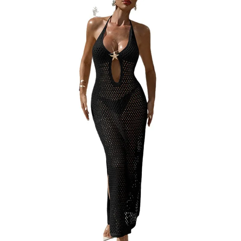 Sexy V-Ausschnitt rückenfreies Kleid Taille Krawatte Neckholder Strickkleid Stern Metall Ausschnitt Seitenschlitz Kleid Bodycon Midi Beachwear Party