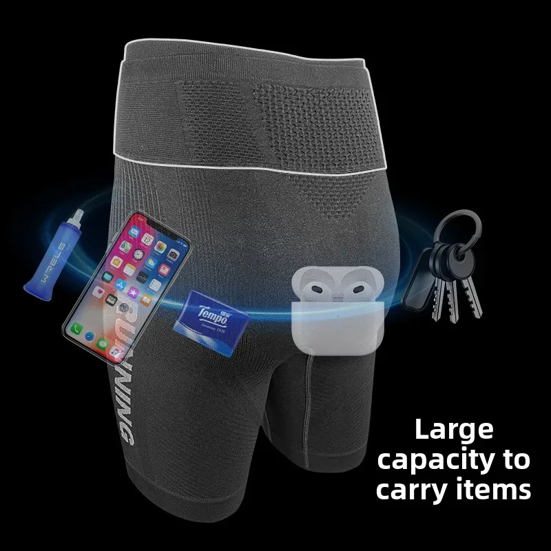 شورت جري مضغوط للرجال، سروال رياضي ضيق محبوك سريع الجفاف مع جيب وحقيبة خصر للتدريب على ركوب الدراجات في الماراثون #3