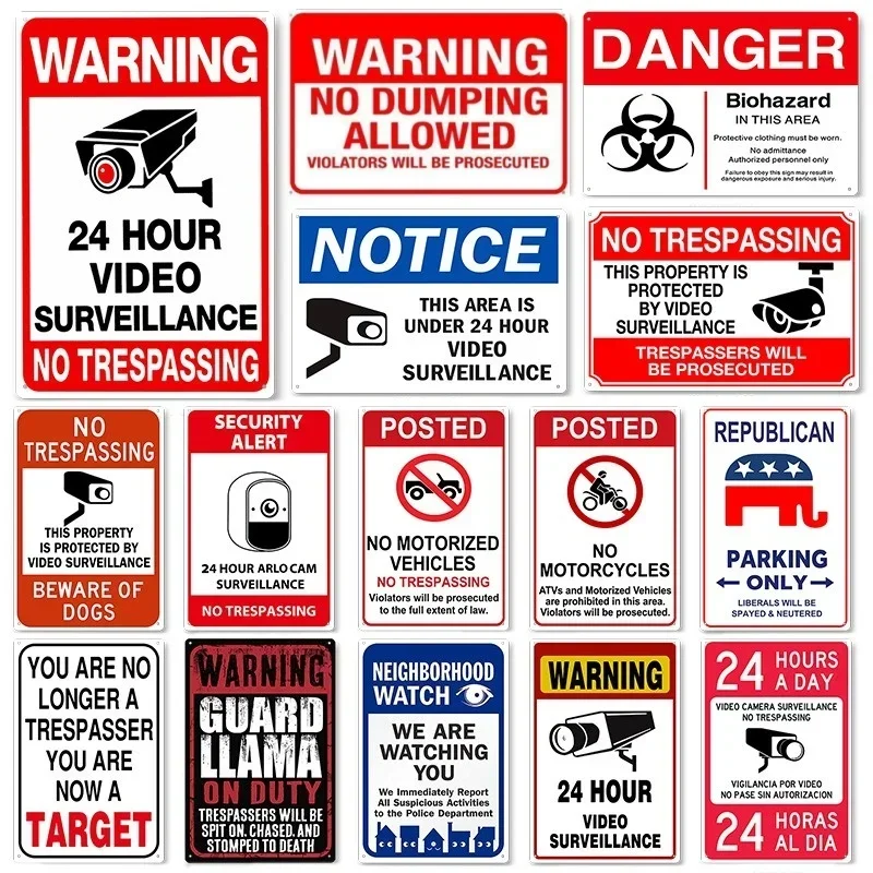 24 Hour Video Surveillance No Trespassing Warning Sign Home Garage Wall Plaque Decor Metal Tin Sign Outside Warn Poster Plates