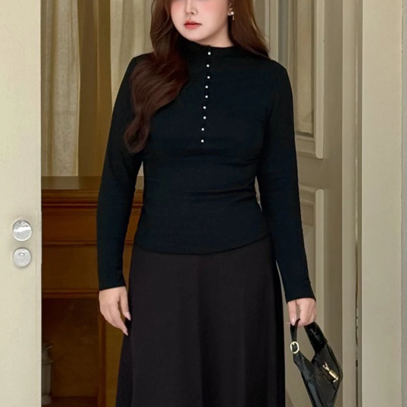 

XXXXL Fashion Plus Size Women's T-Shirt Premium Pearl Modal Mock Neck Base Tees Autumn Winter Simple And Comfortable Tops