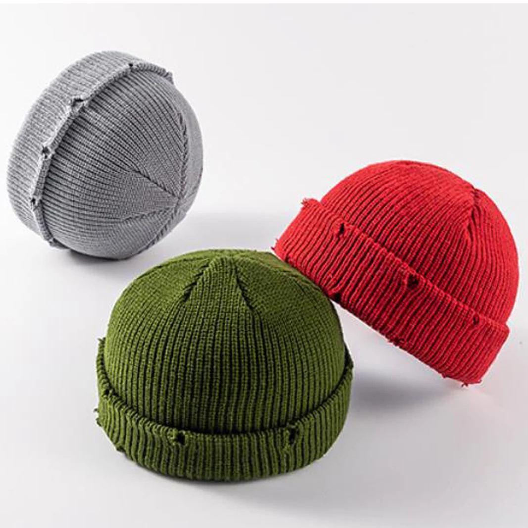 Fashion Y2K Knit Short Beanies for Men Women Autumn Winter Hats Solid Color Hip-hop Skullies Caps Unisex Ripped Streetwear