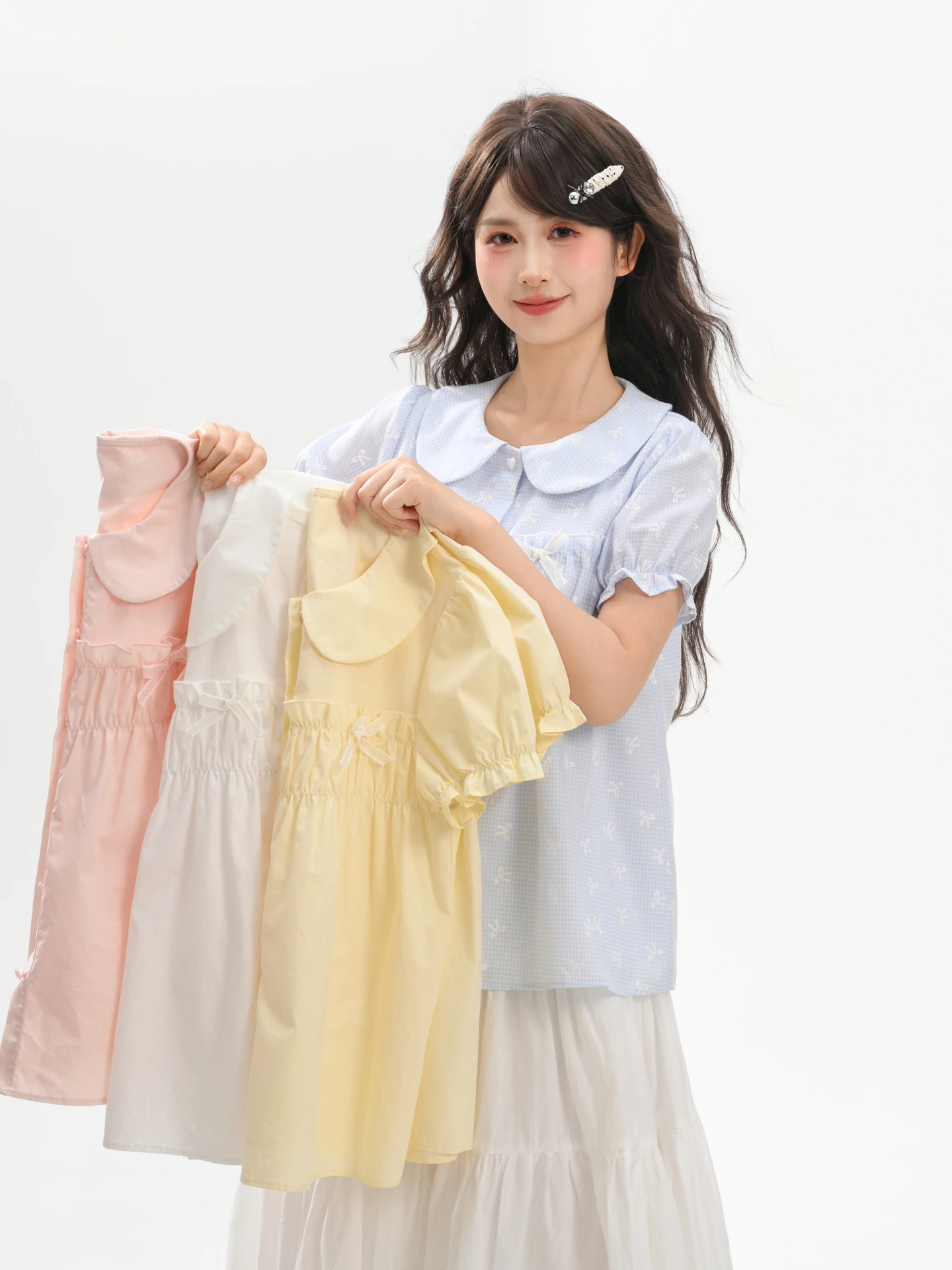 

Новая летняя женская блузка из чистого хлопка с короткими рукавами-фонариками и воротником «Питер Пэн» в стиле Sweet Style от Forest Girl Tribe