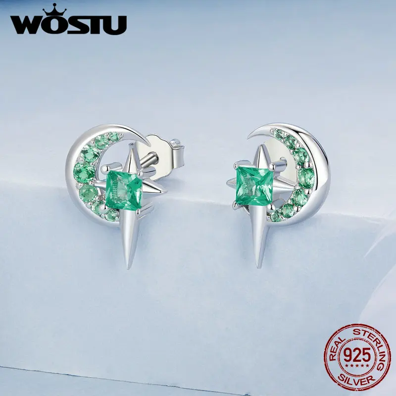 WOSTU 925 Sterling Silver Star Moon Stud Green Zircon Earrings For Women  Exquisite Shiny CZ Party Ear Studs Girl Birthday Gift image 3