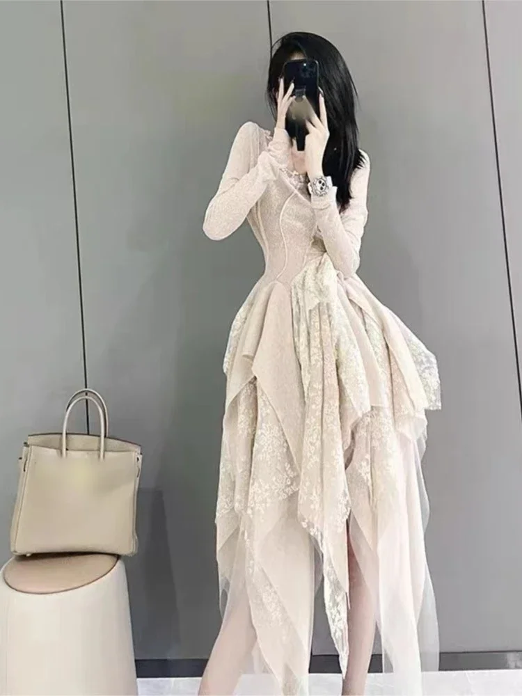 French Elegant Women\'s Vintage Dress 2022 Autumn Winter New Irregular Lace Splicing Evening Long Bridesmaid Party Dress