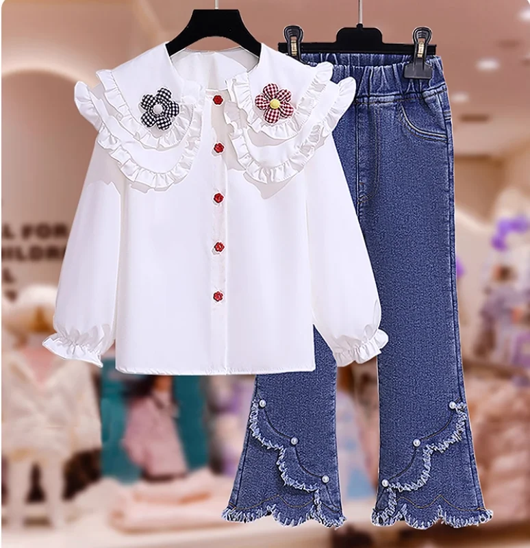 Girl's Spring and Autumn Doll Collar Shirt with Cowboy Bellbottom Pants Set