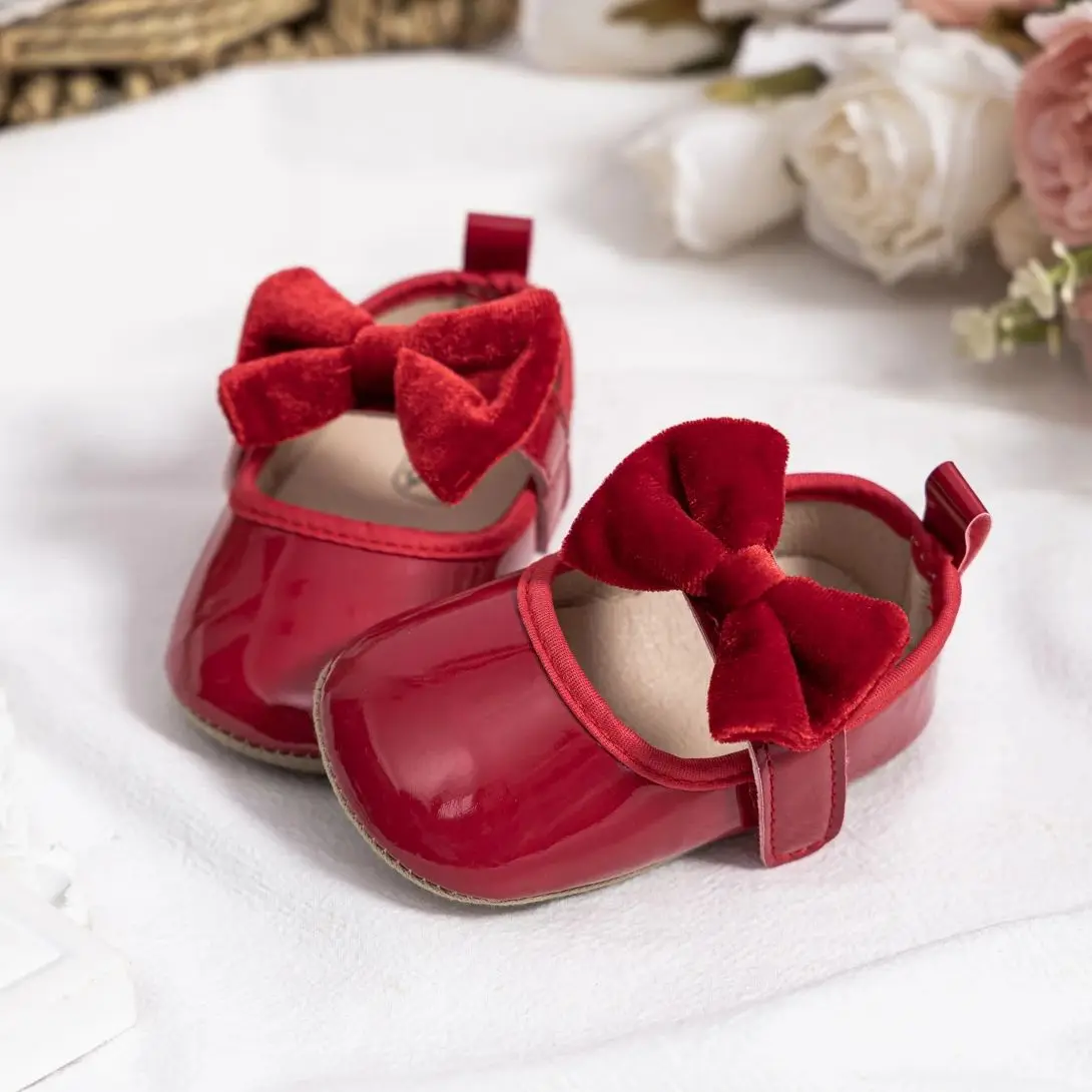 KIDSUN-Baby Girls Bowknot Sapatos de sola de borracha antiderrapante, First Walker Shoes, Infant Girl Berço Shoes, Vestido de festa de casamento, Novo