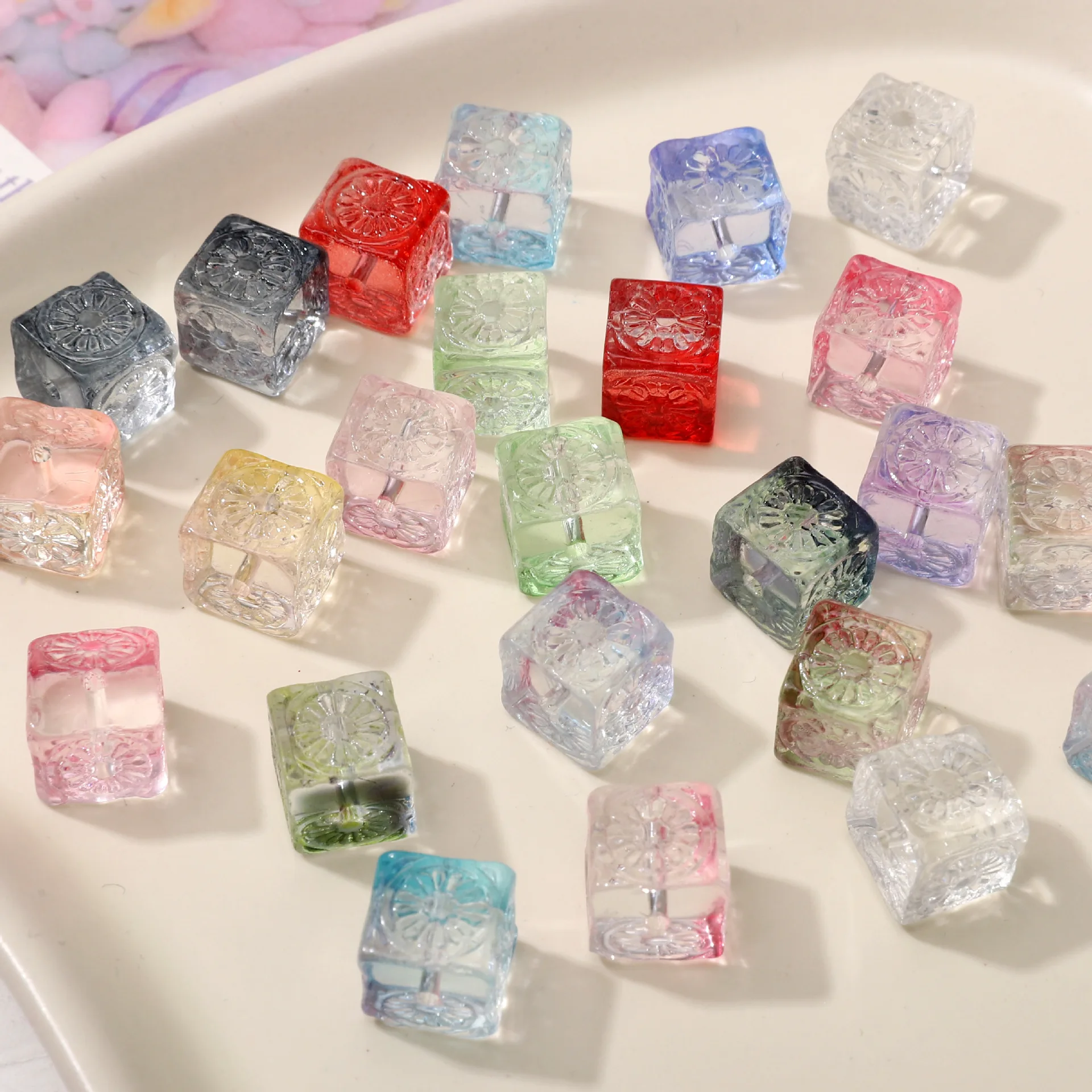 10 stücke 11mm Bunte Glas Quadratische Blume Textur Perlen Lose Spacer Perlen Für Armband Halskette DIY Schmuck Machen zubehör