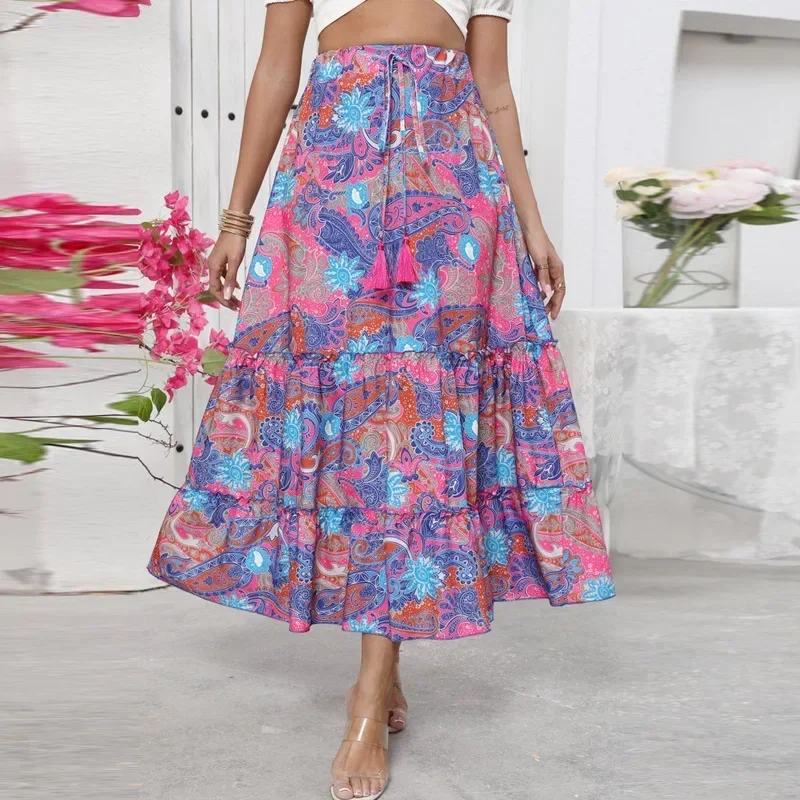 

New Europe and America Summer Long Skirt Vacation Style Print Women Skirt Elastic Waist A-LINE Skirts for Women Faldas Q226