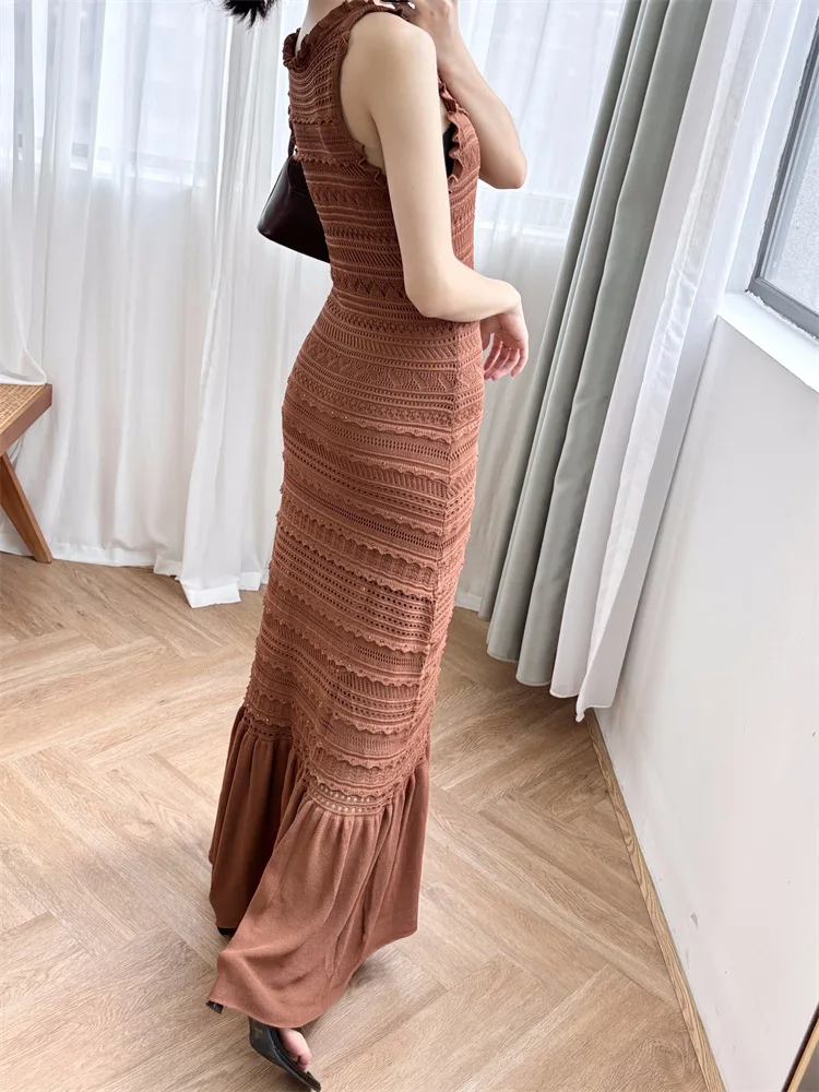 Women's Lotus Leaf Edge Long Dress, Sleeveless, U-Neck, A-Line, Hollow Out, Elegant, High Street, Chic, Fashionable, Design, S