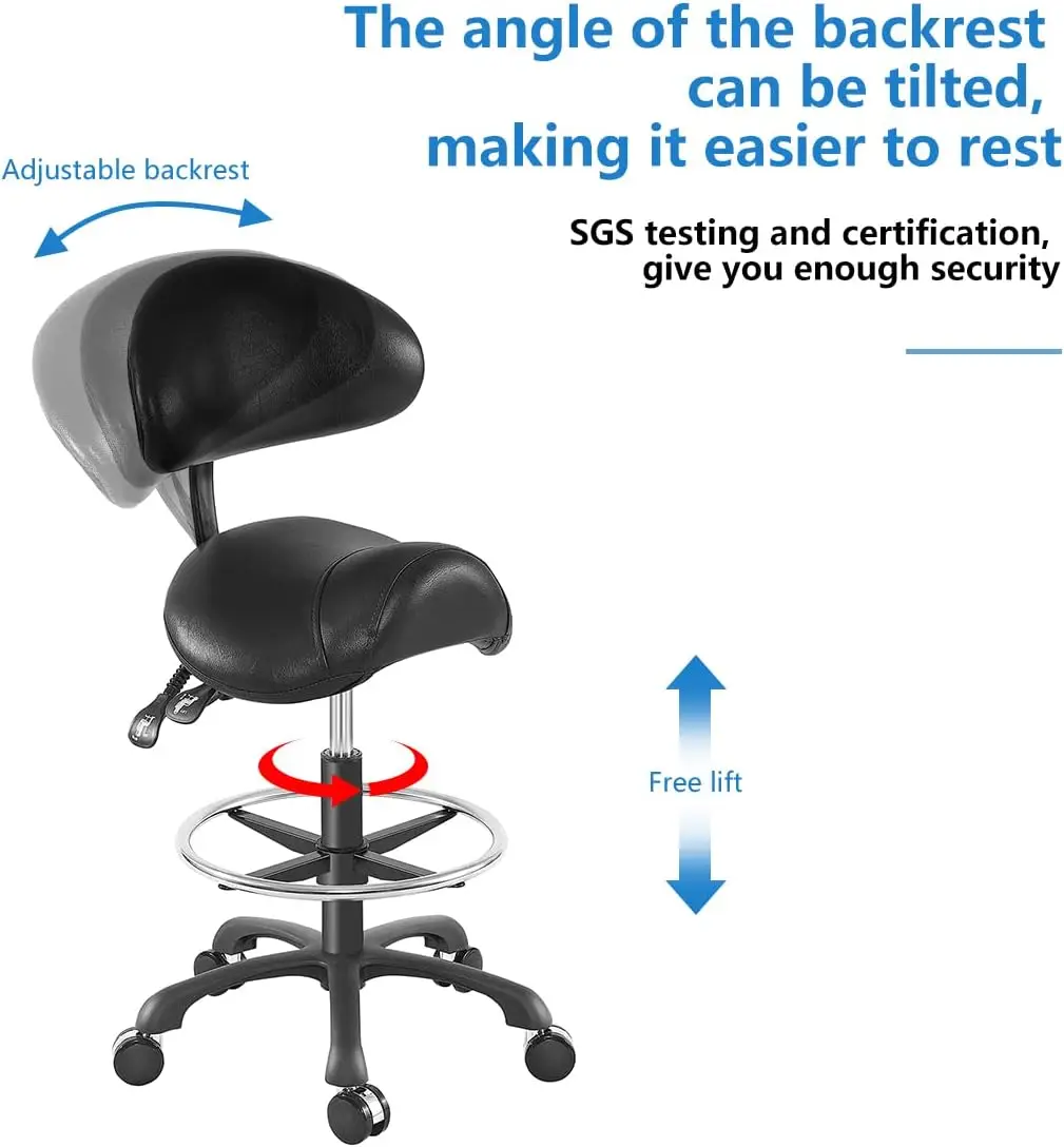 Седельный табурет с подставкой для спинки, эргономичное сиденье, гидравлическая Регулируемая подставка для ног, для дома, офиса, стоматологических, тату-салонов, магазинов