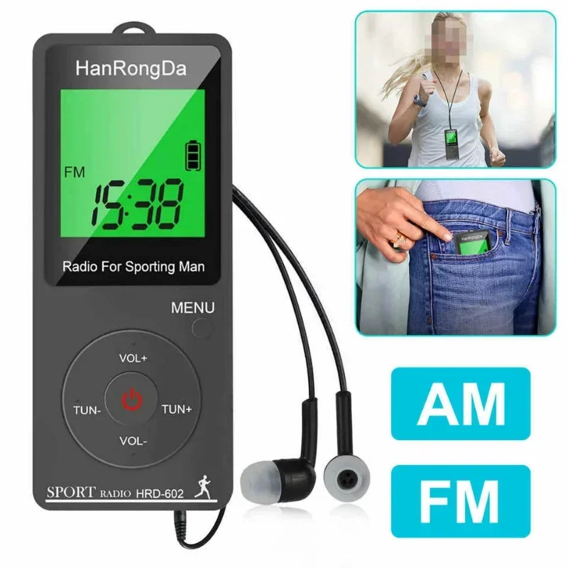 HRD-602 Portable Radio Receiver FM/AM Radio LCD Display Lock Button Pocket Radio with Earphone Sports Pedometer