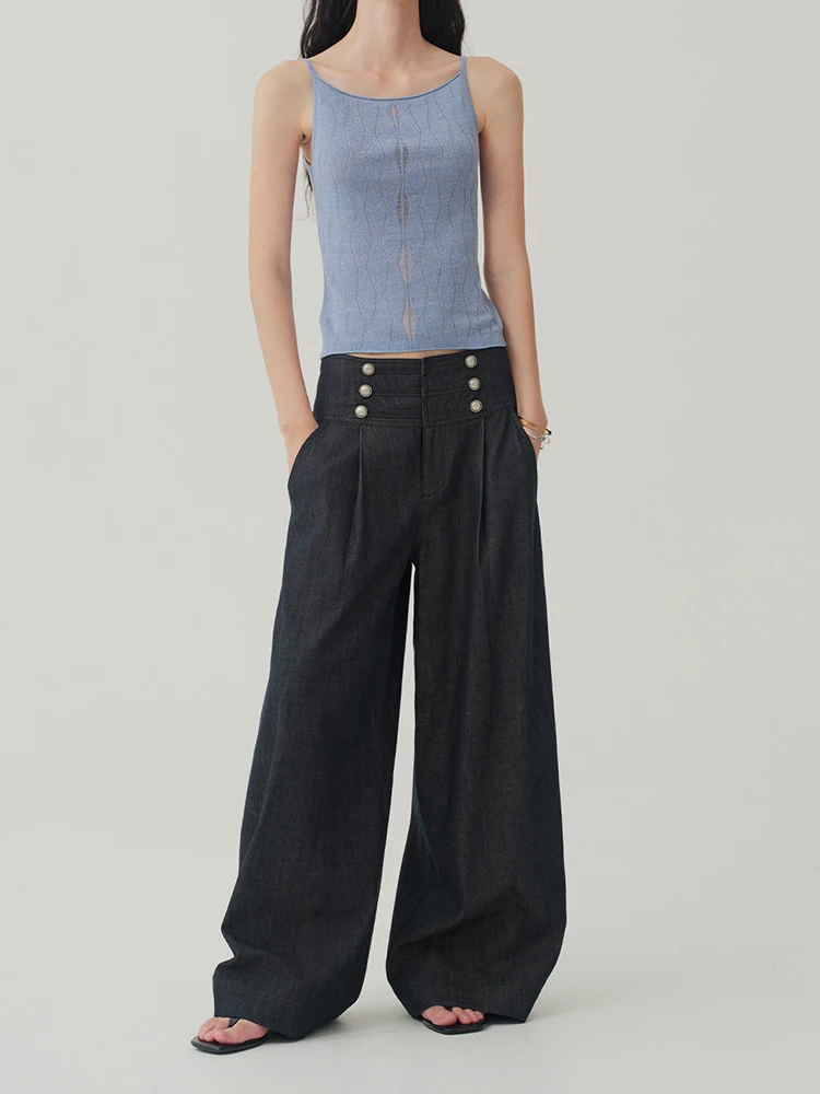 REDDACHiC Navy Blue Napoleon Jeans for Women Lounge Pleated Front Double-breasted Low Rise Baggy Denim Pants Trendy Streetwear