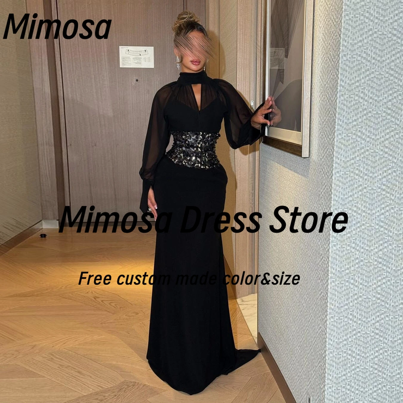 

Черные платья для выпускного вечера Mimosa, Саудовская Аравия, женские вечерние платья с длинными рукавами и блестками, халат Des Soiree по индивидуальному заказу