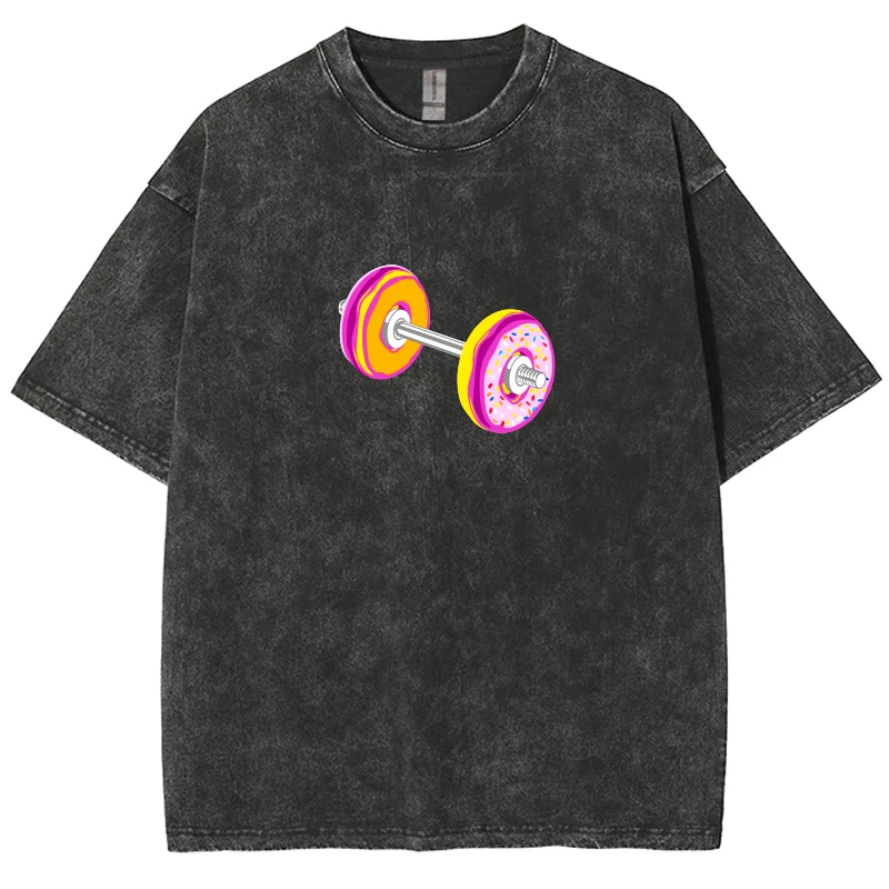 Solid Color Donut Print T-Shirt Cute Loose Top Women Fashion Round Neck Loose Short Sleeve Hip Hop Retro Snowflake Wash T-Shirt